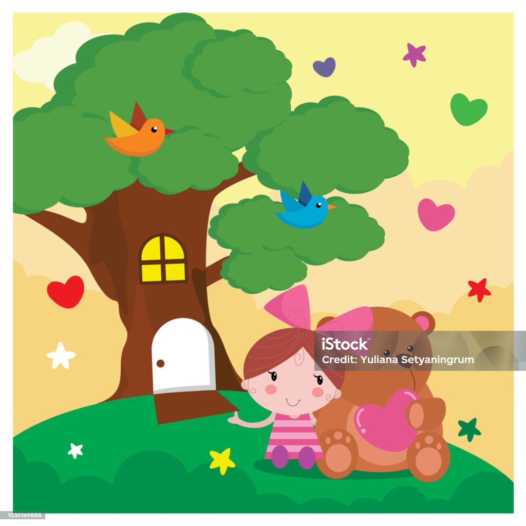 Ilustración de Adorable Niñita Jugando Con Su Oso De Peluche Grande Cerca De La Casa Del Árbol Con Pajaritos Volando Personaje De Dibujos Animados y más Vectores Libres de Derechos de Aire Ilustración de Adorable Niñita Jugando Con Su Oso De Peluche Grande Cerca De La Casa Del Árbol Con Pajaritos Volando Personaje De Dibujos Animados y más Vectores Libres de Derechos de Aire