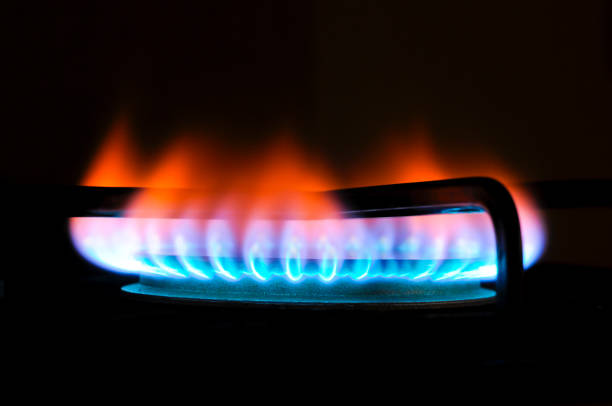 primer plano de una llama de una estufa de gas - blue flame natural gas fireplace fotografías e imágenes de stock