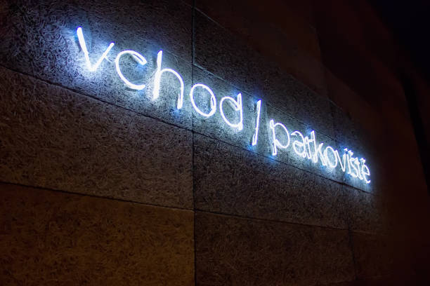 istock Blue neon light with word entry and parking on dark texture wall 1030174698