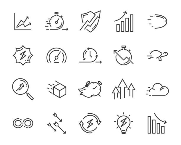 ilustraciones, imágenes clip art, dibujos animados e iconos de stock de simple conjunto de icono de vector línea, contienen tal lcon como velocidad, ágil, boost, proceso, tiempo y más - tortuga rápida