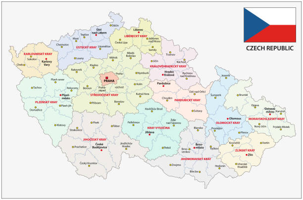 ilustraciones, imágenes clip art, dibujos animados e iconos de stock de república checa mapa administrativo y político con la bandera - czech republic