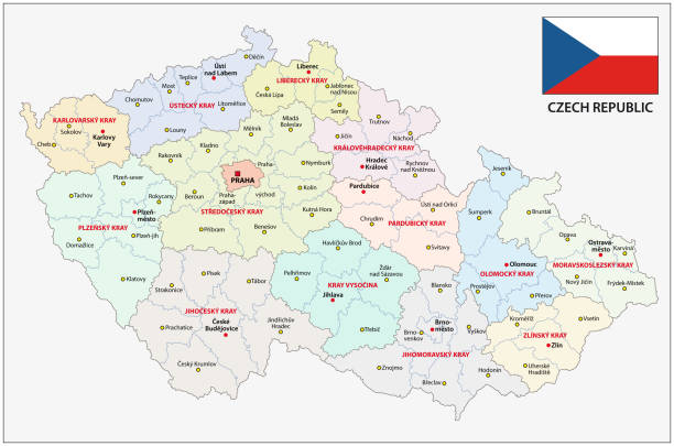 mapa administracyjna i polityczna republiki czeskiej z flagą - czech republic illustrations stock illustrations