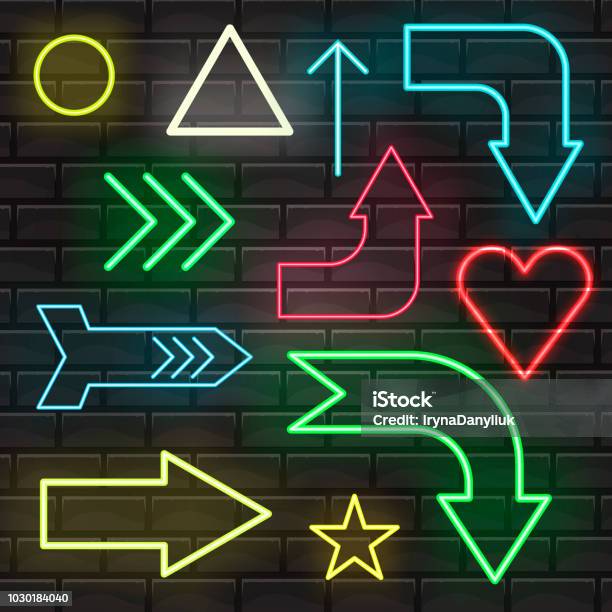 Neon Sign Arrow Pointer Bright Signboard Light Banner Illuminated Vector Icons Glow Electric Night Lamp Decoration Stock Illustration - Download Image Now