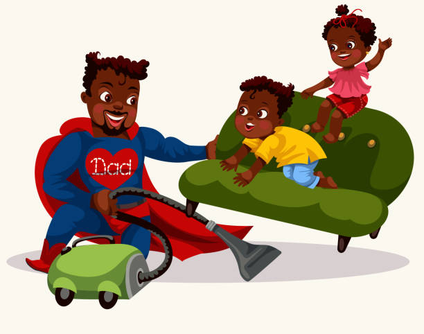 ilustraciones, imágenes clip art, dibujos animados e iconos de stock de daddy es super colorido cartel - family sofa vector illustration and painting
