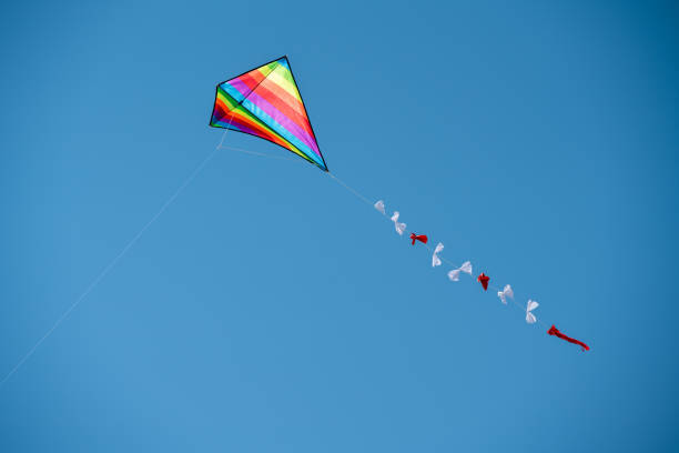 Colorful kite flying against a blue sky.