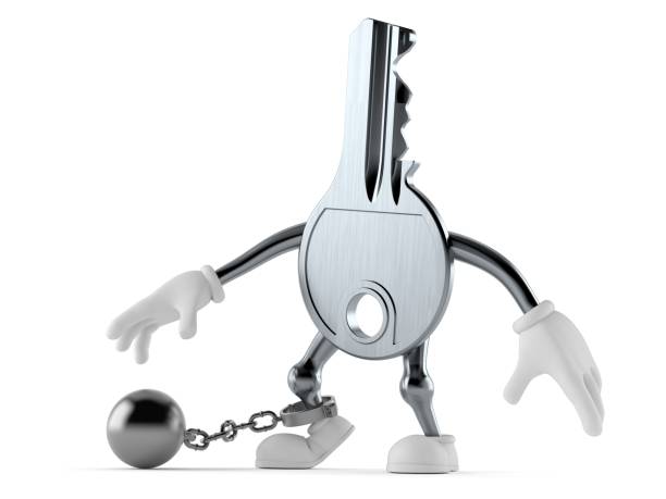 Door key character with prison ball isolated on white background. 3d illustration