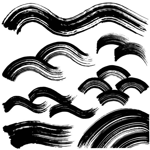 brush stroke waves. Set of brush stroke waves.  hand drawn shapes. nihonga stock illustrations