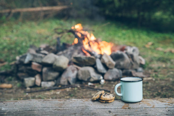 istock metal cup with tea and cookies. fire on background 1030195822