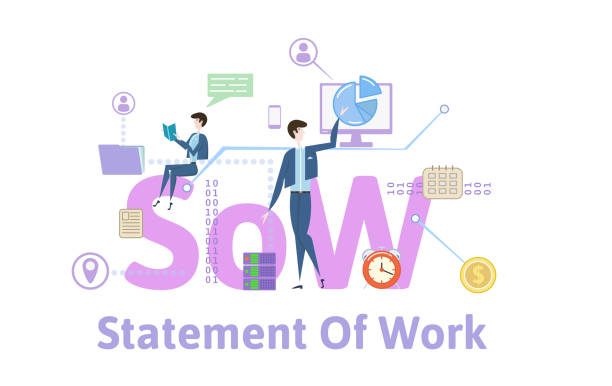 SoW, statement of work. Concept table with keywords, letters and icons. Colored flat vector illustration on white background. SoW, statement of work. Concept with keywords, letters and icons. Colored flat vector illustration on white background. sow stock illustrations