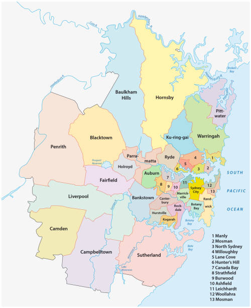 illustrazioni stock, clip art, cartoni animati e icone di tendenza di sydney mappa amministrativa e politica metropolitana - new south wales