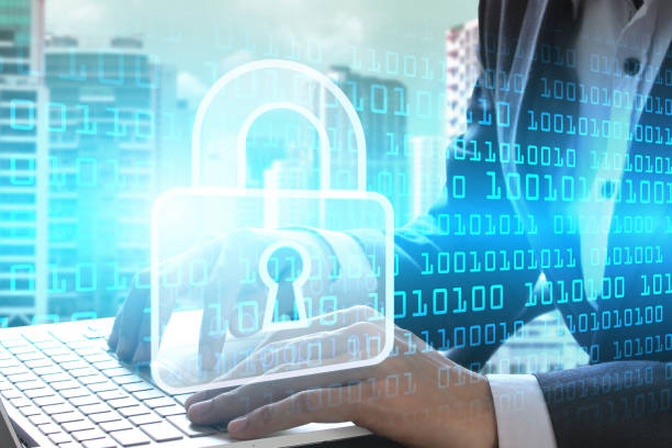 istock Double exposure of businessman use laptop with padlock technology, Cyber Security Data Protection Business Technology Privacy concept 1030208120