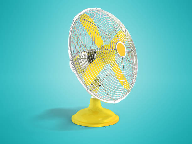 istock Modern yellow metal fan for cooling office front view 3d rendering on blue background with shadow 1030211148