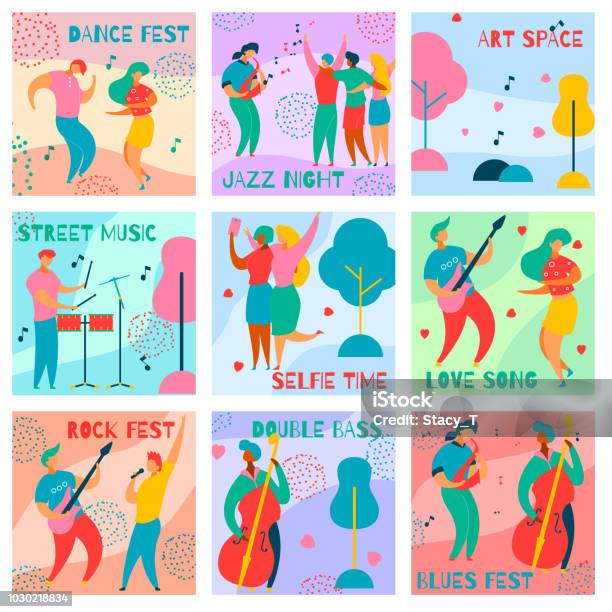 Music Fest Cards - Arte vetorial de stock e mais imagens de Festival de Música - Festival de Música, Música, Dançar