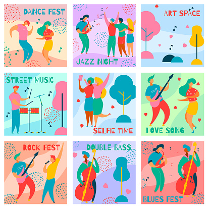 9 cards of colorful modern flat characters for jazz,rock,blues music fest-singer,musicians,guitar,sax,drums,double bass.Happy people dancing,rejoice,making selfie on musical festival party