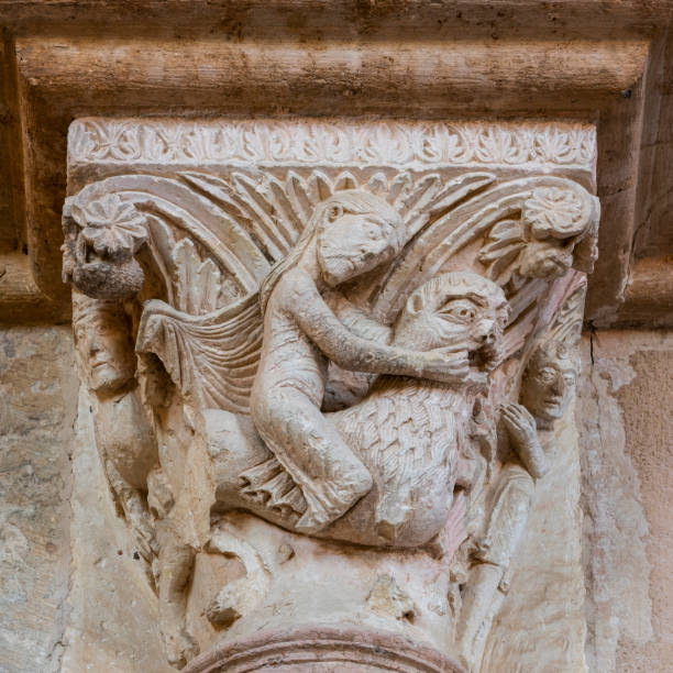 Vezelay, France - July 29, 2018: Capital on pillar of the romanesque church and abbey of Vezelay in Yonne, France.