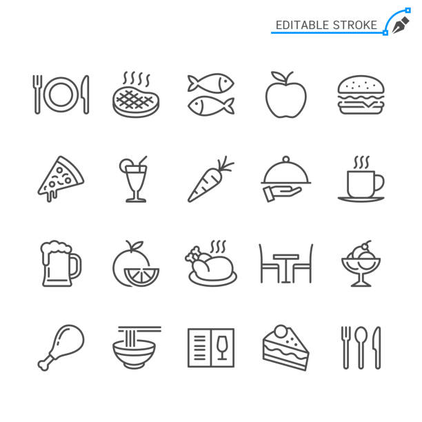 illustrations, cliparts, dessins animés et icônes de icônes de nourriture de ligne. modifiables en course. pixel perfect. - repas
