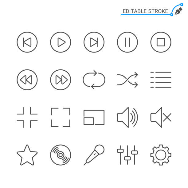 ilustraciones, imágenes clip art, dibujos animados e iconos de stock de iconos de línea de media player. movimiento editable. pixel perfecto. - soporte de almacenamiento de audio analógico