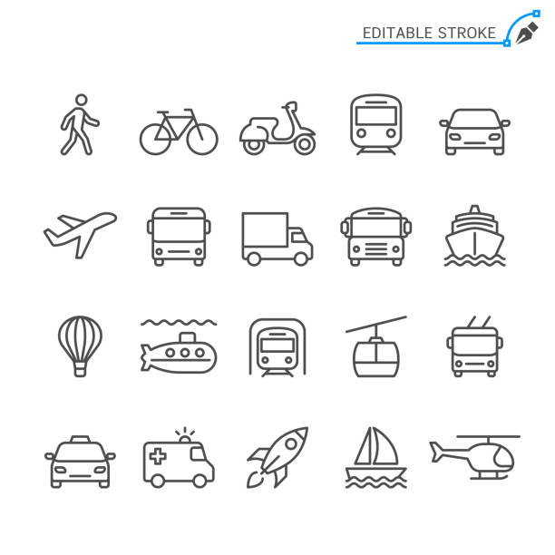 ilustraciones, imágenes clip art, dibujos animados e iconos de stock de iconos de la línea de transporte. movimiento editable. pixel perfecto. - travel