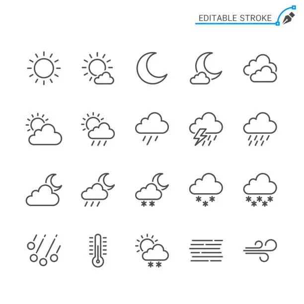 Vector illustration of Weather line icons. Editable stroke. Pixel perfect.