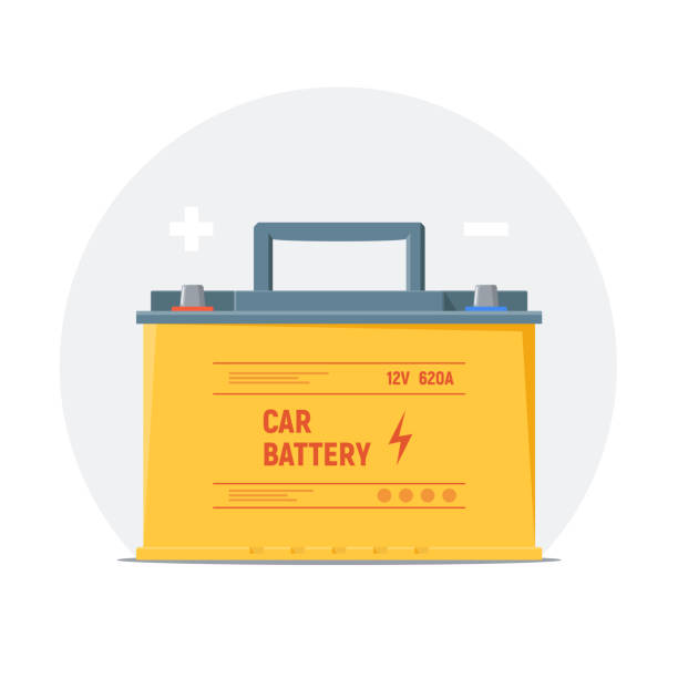 ilustrações de stock, clip art, desenhos animados e ícones de car battery icon. isolated yellow battery with plus and minus symbols. element of infographics check, charge and use car battery. vector illustration. - fuel and power generation electricity flat power supply