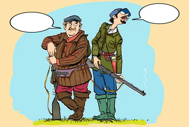 Vector illustration of Hunters lokking for prey. Vector caricature. Hunters losers. Comic hunters