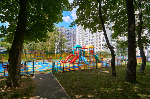 Playground in summer at Novatorov street in Moscow