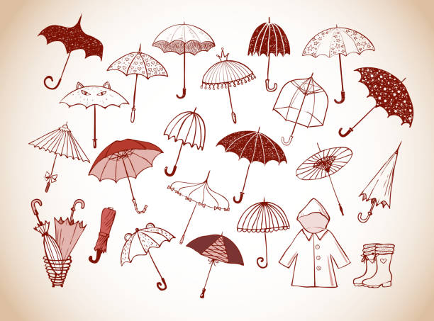 Set of doodle sketch umbrellas in vintage style.