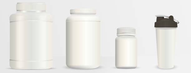 istock Sports nutrition bottles mockup set. Realistic blank vector illustration. Milk white plastic containers pack. Protein powder can, Shaker Cup, bcaa bottle, gainer jar. Gym energy diet. 1030236522