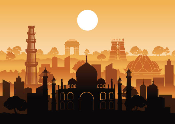 indien wahrzeichen silhouette stil mit zeile design auf sonnenuntergang - architecture art backgrounds church stock-grafiken, -clipart, -cartoons und -symbole