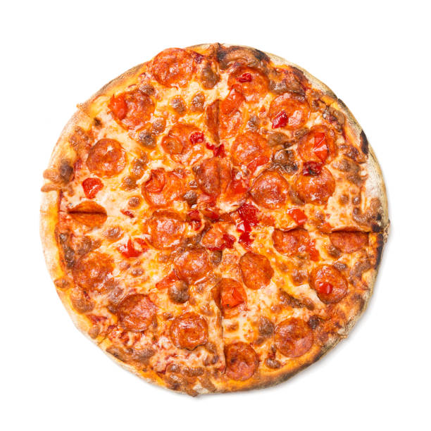 istock Fresh tasty pizza with pepperoni isolated on white background. Top view 1030238978