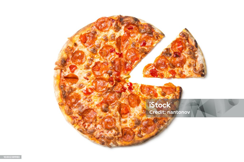 Fresh tasty pizza with pepperoni isolated on white background. Top view Fresh tasty pizza with pepperoni isolated on white background. Top view. Pizza Stock Photo