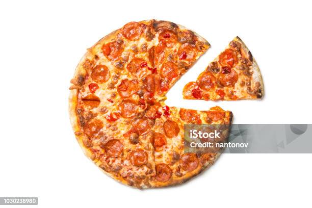 Fresh Tasty Pizza With Pepperoni Isolated On White Background Top View Stock Photo - Download Image Now