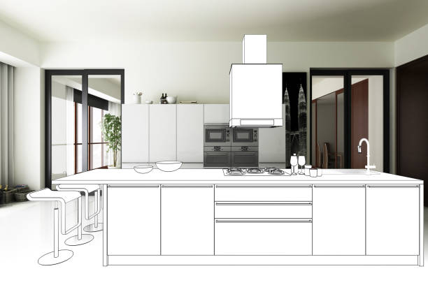 Project of a Modern Kitchen (drawing) stock photo