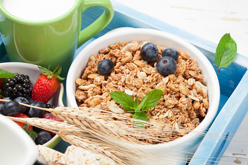 Healthy breakfast with muesli, berries and milk
