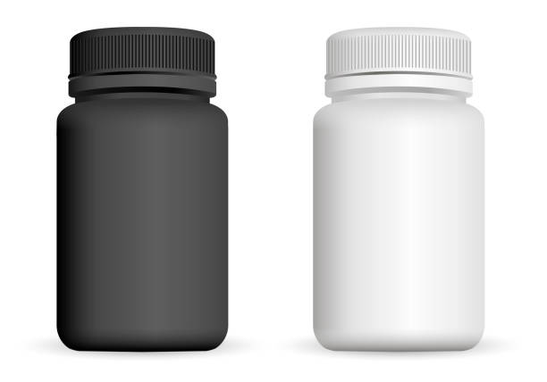 リアルなペットボトル。黒し、白の 3 d ベクトル図です。テンプレートをモックは、錠剤、カプセル、薬の薬のパッケージのセット。 - capsule vitamin pill white background healthcare and medicine点のイラスト素材／クリップアート素材／マンガ素材／アイコン素材