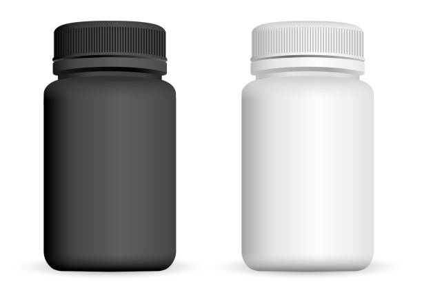 ilustrações de stock, clip art, desenhos animados e ícones de realistic plastic bottles. black and white 3d vector illustration. mock up template set of medicine package for pills, capsule, drugs. - capsule vitamin pill white background healthcare and medicine