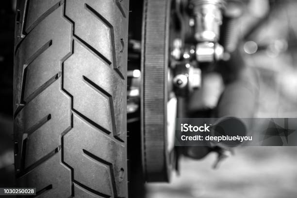Motorcycle Tire And Exhaust Stock Photo - Download Image Now - Motorcycle, Exhaust Pipe, Large