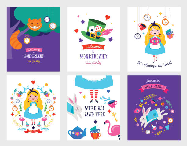 Alice in Wonderland banner, poster and card. We are mad here Alice in Wonderland banner, poster and card. We are mad here. Colorful vector background hole cards stock illustrations