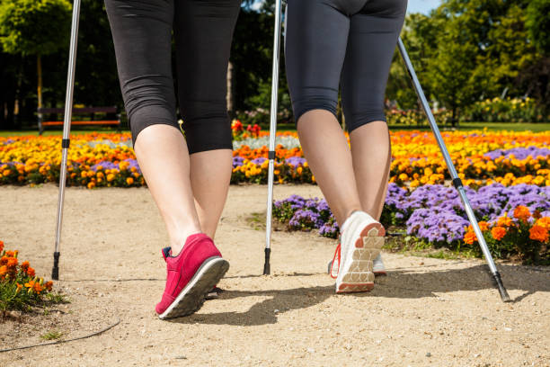 menschen nordic walking im stadtpark - power walken stock-fotos und bilder