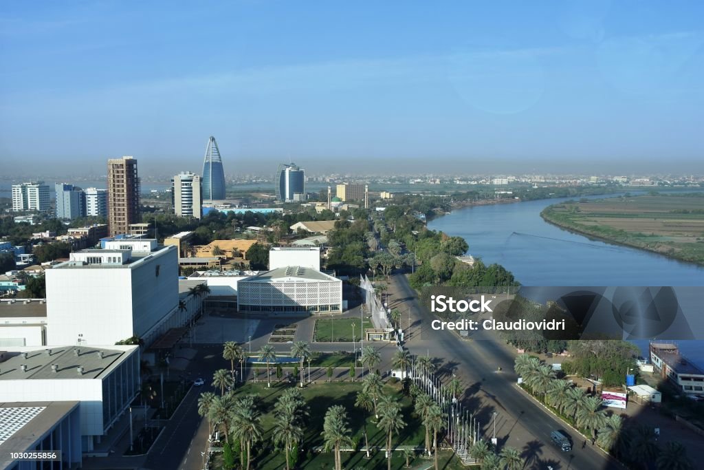 View of the Nile and Tuti island Aerial view of the Nile and Tuti island in Khartoum Sudan Stock Photo