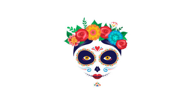 dia デ ロス ムエルトス、死んで、メキシコの休暇、祭の日。ポスター、バナー、カードを構成する糖の頭蓋骨の花を持つ女性 - ceremonial dancing点のイラスト素材／クリップアート素材／マンガ素材／アイコン素材