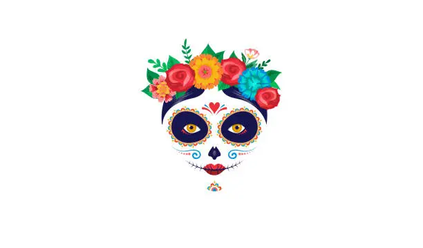 Vector illustration of Dia de los muertos, Day of the dead, Mexican holiday, festival. Poster, banner and card with make up of sugar skull, woman with flowers