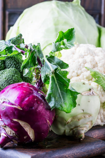 istock Different kinds of cabbage such as white cabbage, cauliflower, broccoli, kohlrabi 1030258948