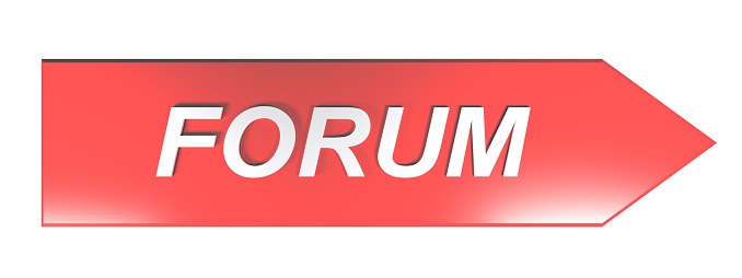 The word FORUM written on a red arrow pointing to the right, on white background - 3D rendering illustration
