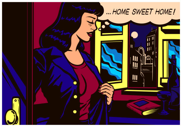 ilustrações, clipart, desenhos animados e ícones de arte pop quadrinhos estilo mulher chegando em casa depois do trabalho para sua ilustração vetorial plana - jogador cansado