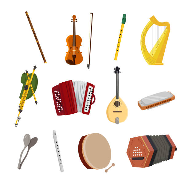 ilustrações de stock, clip art, desenhos animados e ícones de irish musical instruments - plucking an instrument