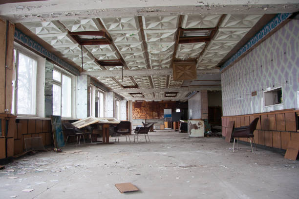 istock Ruined canteen for workers in abandoned factory 1030268282