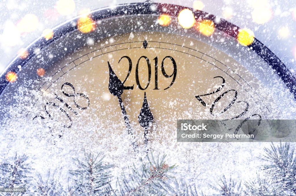 Countdown to midnight Countdown to midnight. Retro style clock counting last moments before Christmass or New Year 2019. 2019 Stock Photo