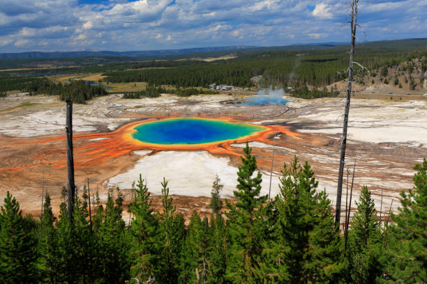 słynny szlak grand prismatic springs w parku narodowym yellowstone z widoku z dużym kątem. piękne gorące źródła z żywym kolorze niebieskim zielonym pomarańczowym w wyoming. - midway geyser basin zdjęcia i obrazy z banku zdjęć