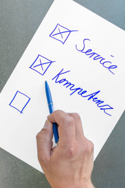 istock The German words service and competence on a piece of paper as core points for enterprise management 1030277160